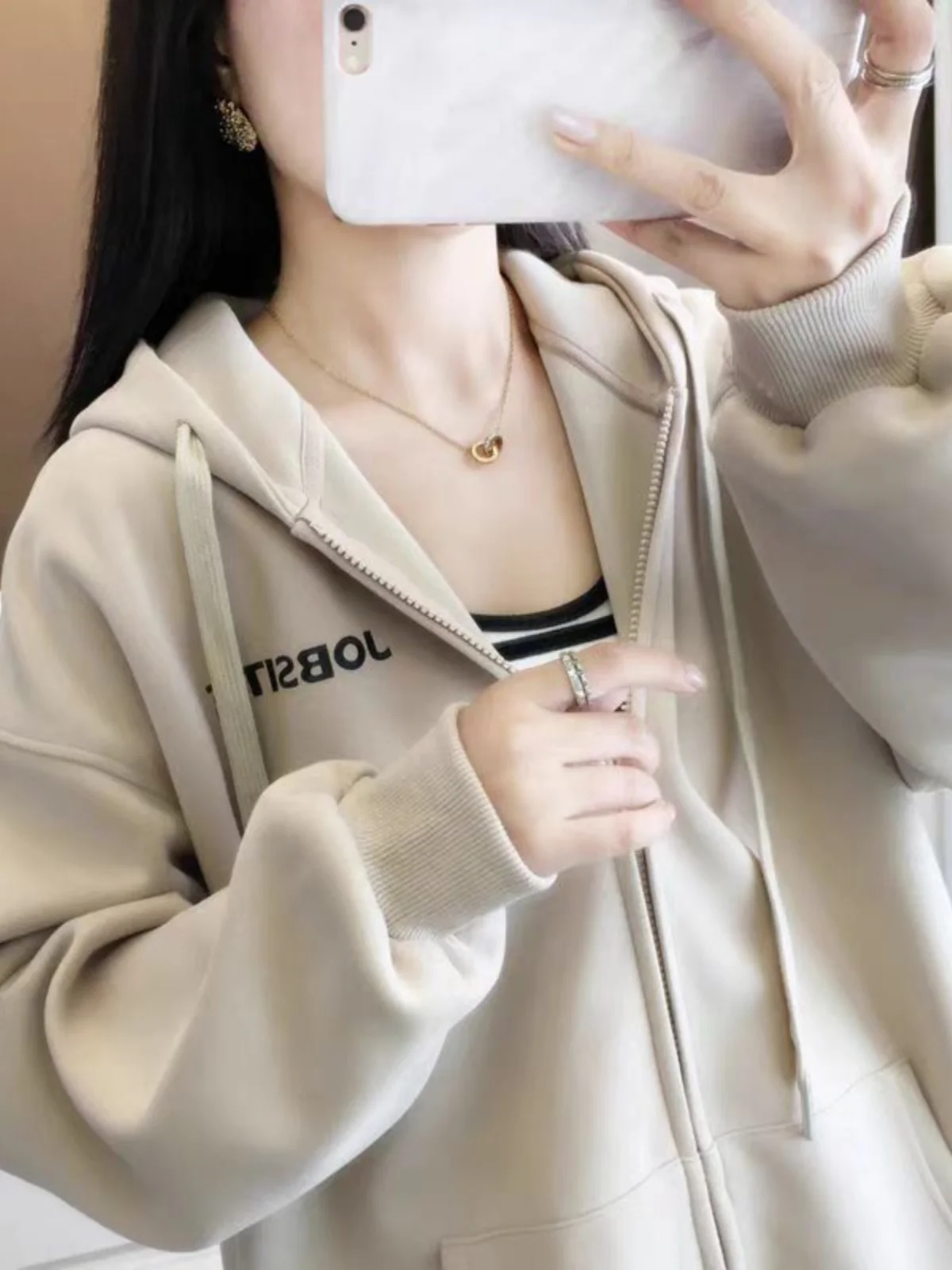 Loose Casual Hoodie Sweatshirt Women's Spring Autumn Winter Zipper Short Outerwear Letter Print Comfortable Meat Concealing