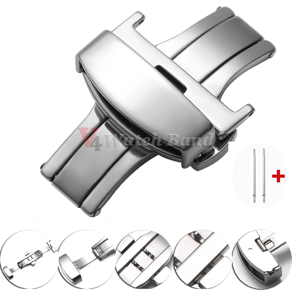 Polished Matte Double Button Watch Band Buckles Stainless Steel Butterfly Buckle 14/16/18/20/22mm Wrist Strap Clasp Accessories