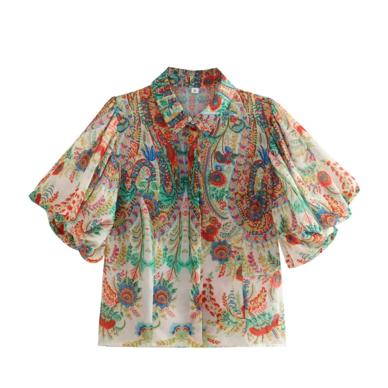 Vintage Women Summer Totem Flower Print Pleated Puff Sleeve Blouse Office Lady Breasted Shirt Tops