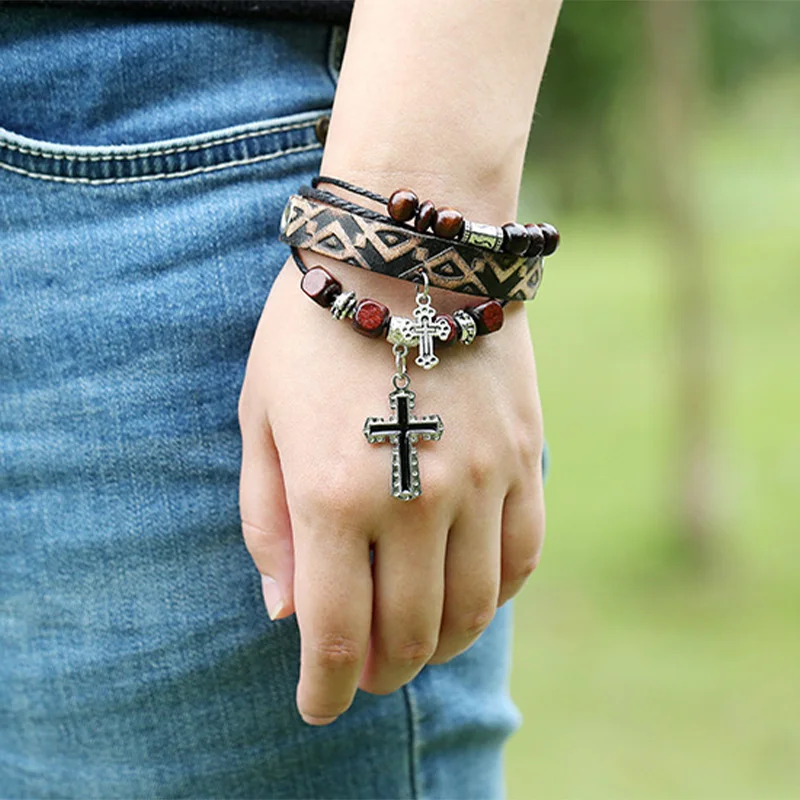 Retro Punk Cross Layer Bracelet For Man Hand Woven Cowhide Leather Adjustable Bead Bracelet Unisex Accessories Christian Jewelry