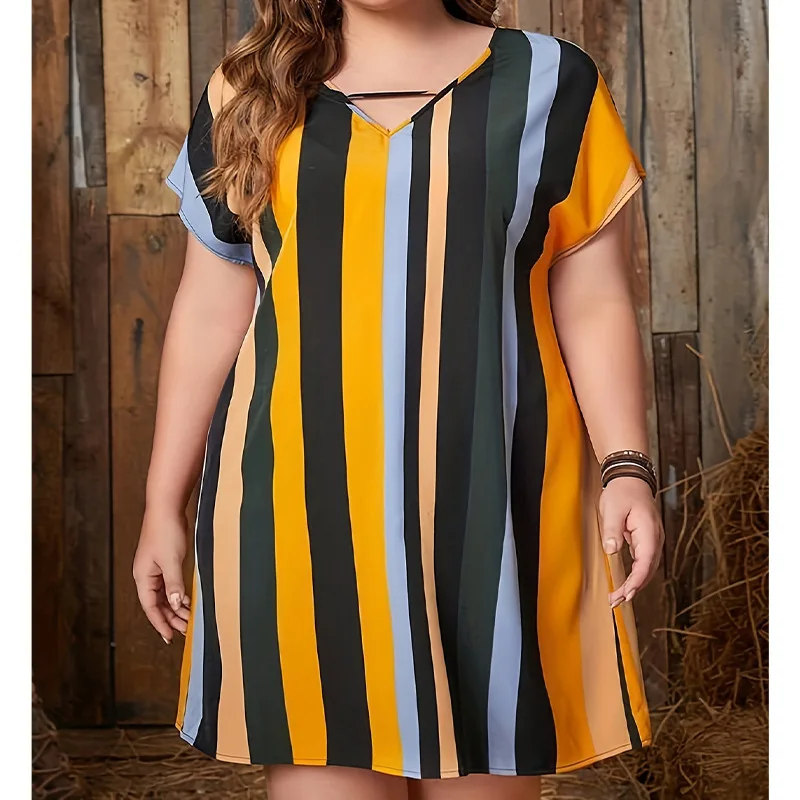 

Women's Plus Size Mid-Length Dress Summer Classic Color-Contrast Pieced Stripe Batwing Sleeve Plus Size Waist-Cinching Dress