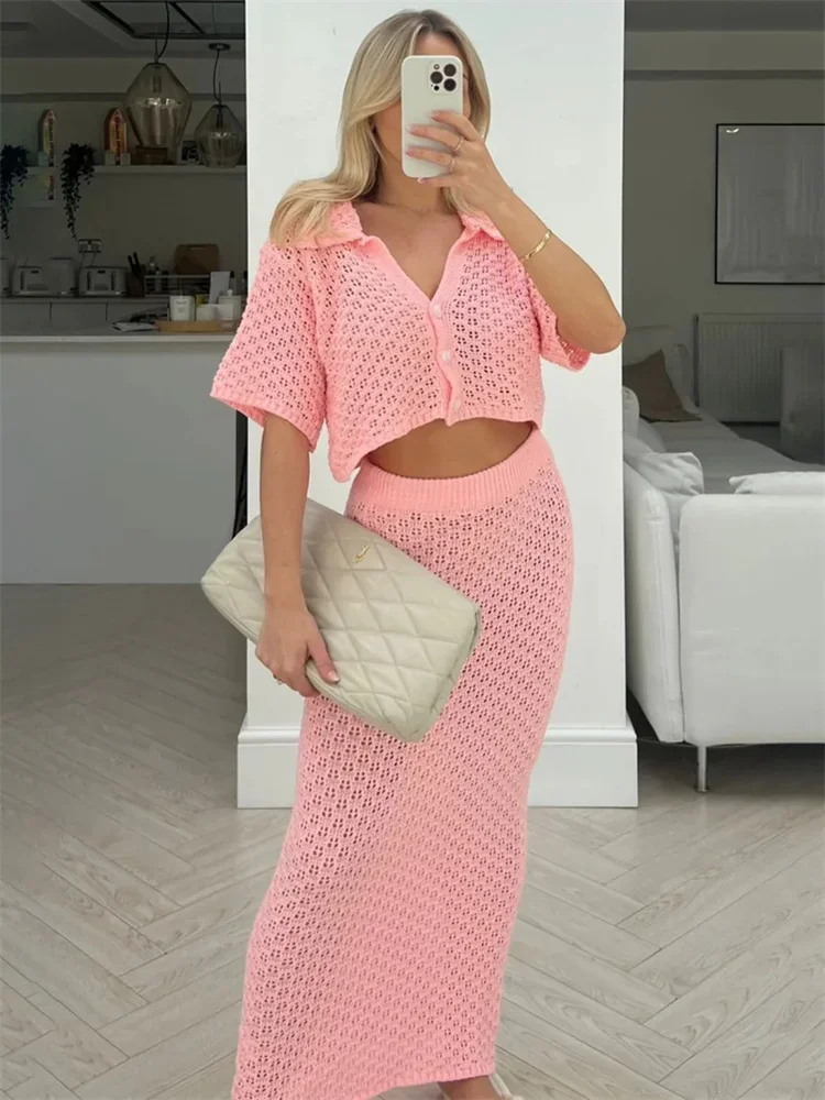 

Tossy Knit Hollow Out 2 Piece-Set Long Skirt Women's Cropped Top Cardigan And High Waist Maxi Skirt Outfits Female Clothes 2024