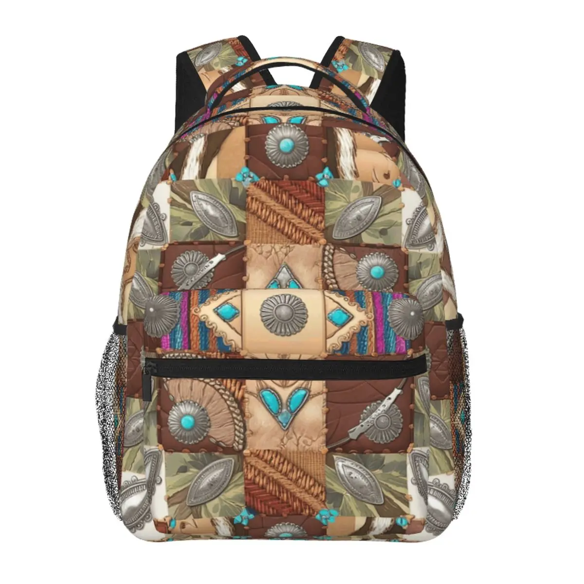 Western Boho Patchwork - Turquoise Conchos, Cowhide, Leather & Aztec Backpack BookBag Children School Bag Laptop Shoulder Bags