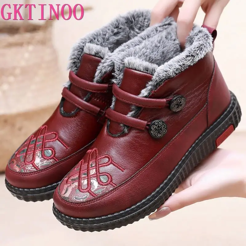 GKTINOO Winter New Leather Waterproof Snow Boots Women\'s Plus Velvet Warm Short Boots Ladies Casual Lightweight Flat Boots