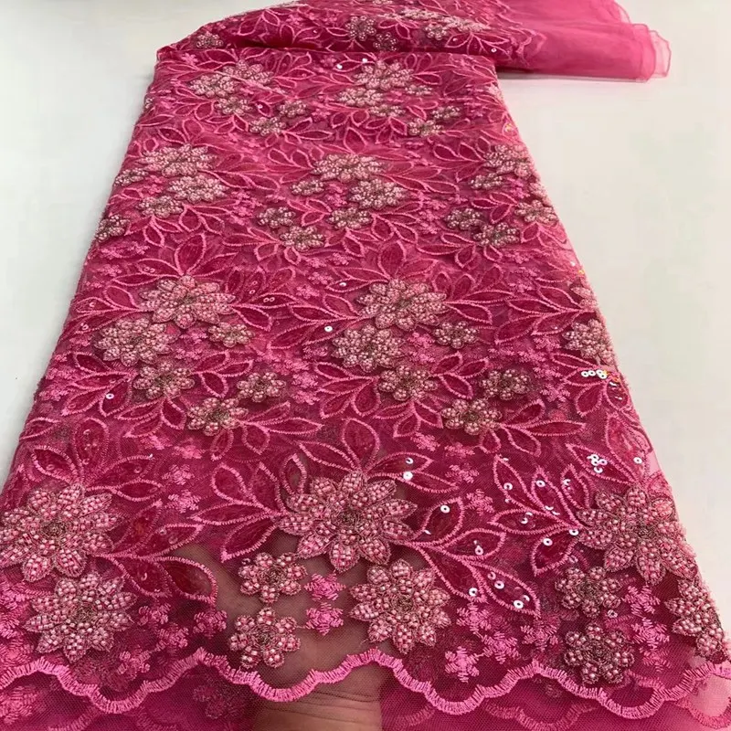 top class Plain Red big Korea french lace Fantastic African bridal tulle lace fabric with small sequins crystal beads 5 yards