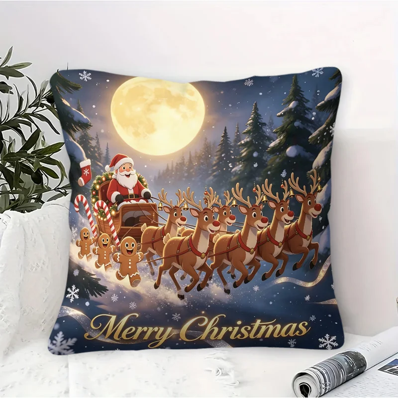1Pcs 45cmx45cm Christmas Throw Pillow,Polyester,Fade‑Resistant,HD Print,Santa Claus Gingerbread Man Winter Snow Scene Pattern