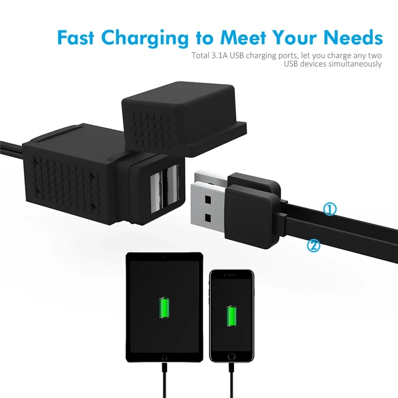 Mictuning adaptador de cabo de carregamento usb duplo para motocicleta 3.1a carregamento rápido com capa protetora à prova d'água para câmera iphone ipad