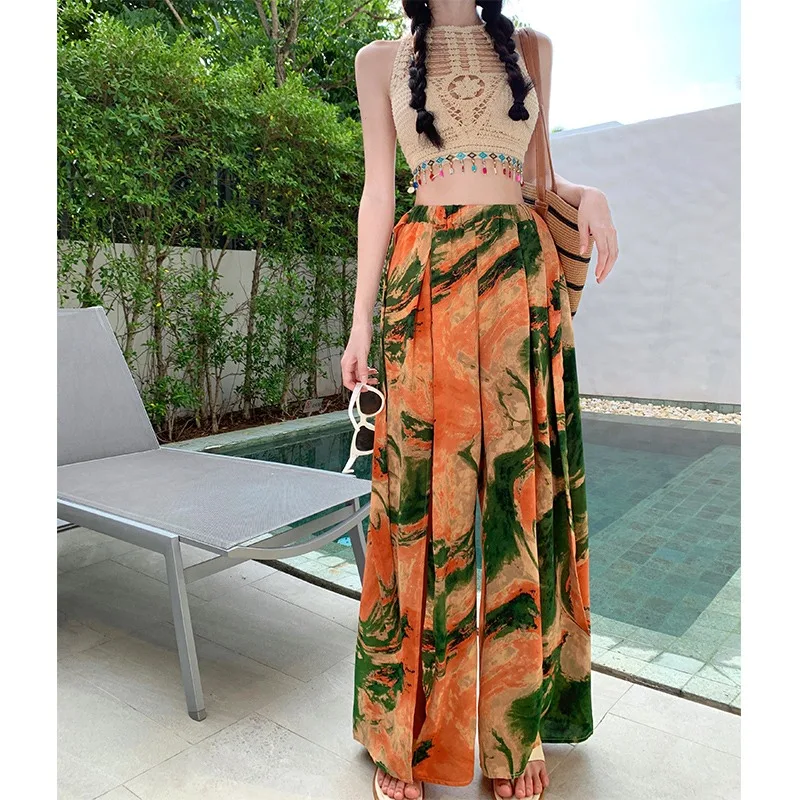 

French Chic Retro Mesh Oil Painting Style Print Orange Hig-waist Wide-leg Pants Women Summer Elegance Chiffon Casual Loose Pants