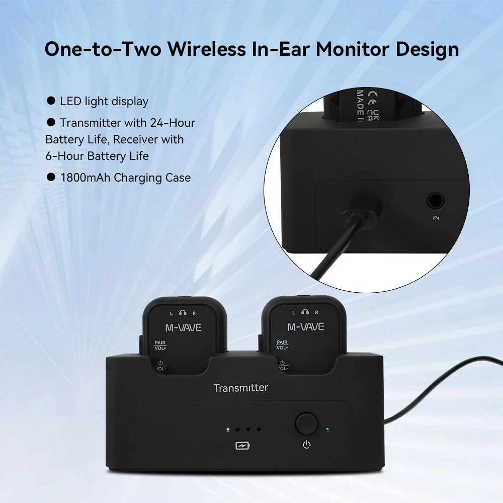 M-VAVE WP-12 2.4GHz Wireless In-Ear Monitor System, 1T2R Ultra-Low Latency, 24H Playback, 1800mAh Charging Case for Guitarist/Ba