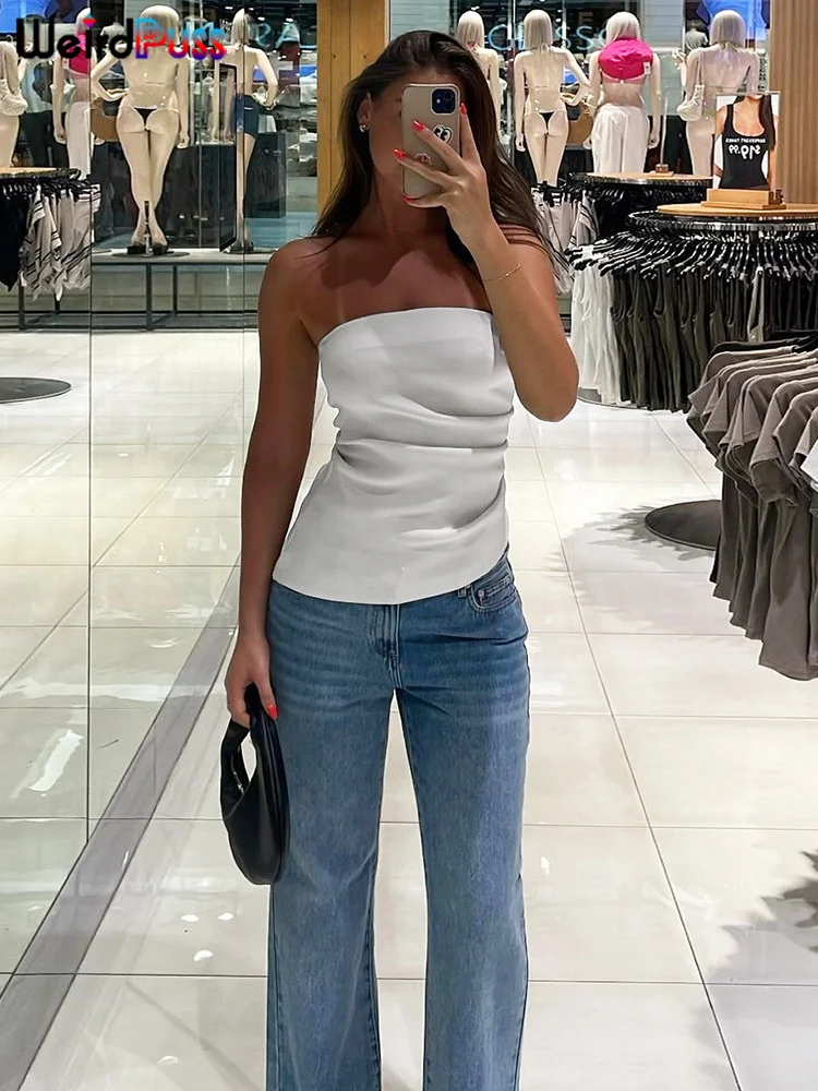 Weird Puss Irregular Strapless Top Woman Hottie Ruffles Summer Solid Sexy Casual Simple Wild  Trend Streetwear Party Skinny Vest image 4