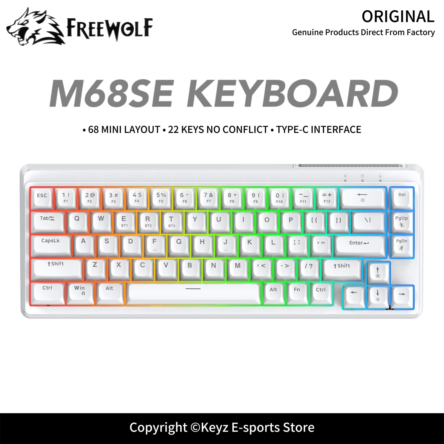 68% Mini Ergonomic Gaming Keyboard FREEWOLF M68SE Double Segment Foot Pad RGB Breathing Backlight Type-C Wired for E-Sports