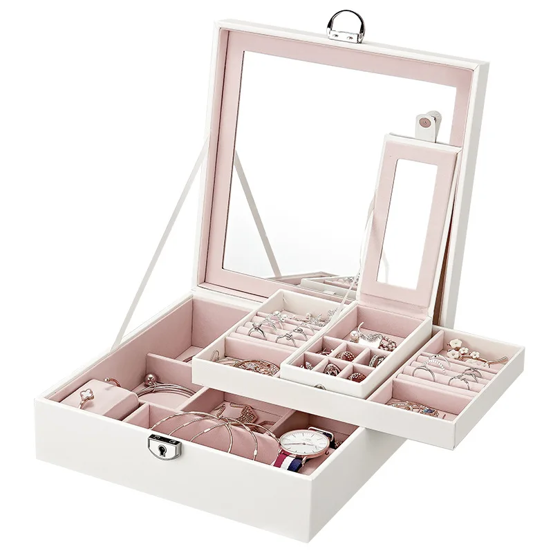 

Simple Multi Functional Three Layer Leather Drawer Style Jewelry Box Earrings Earrings Lock Jewelry Box Portable Display Box