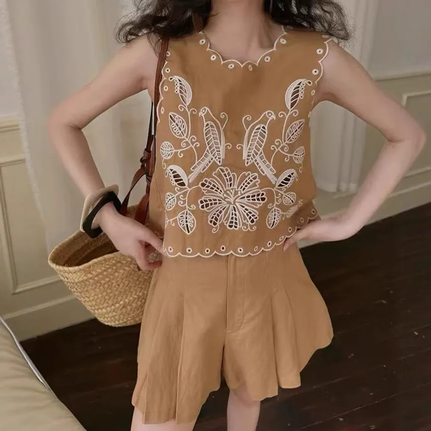 

Romantic Embroidery Set Women's High Waist Short Pants Umbrella Skirt Lightweight Fashionable Autumn Winter French Style