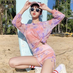 Bikinis Sets Women Chic Three Pieces Mesh Swimwear Summer Hot Vacation Tie Dye Beach Style Daily High Waist Shirring Backless