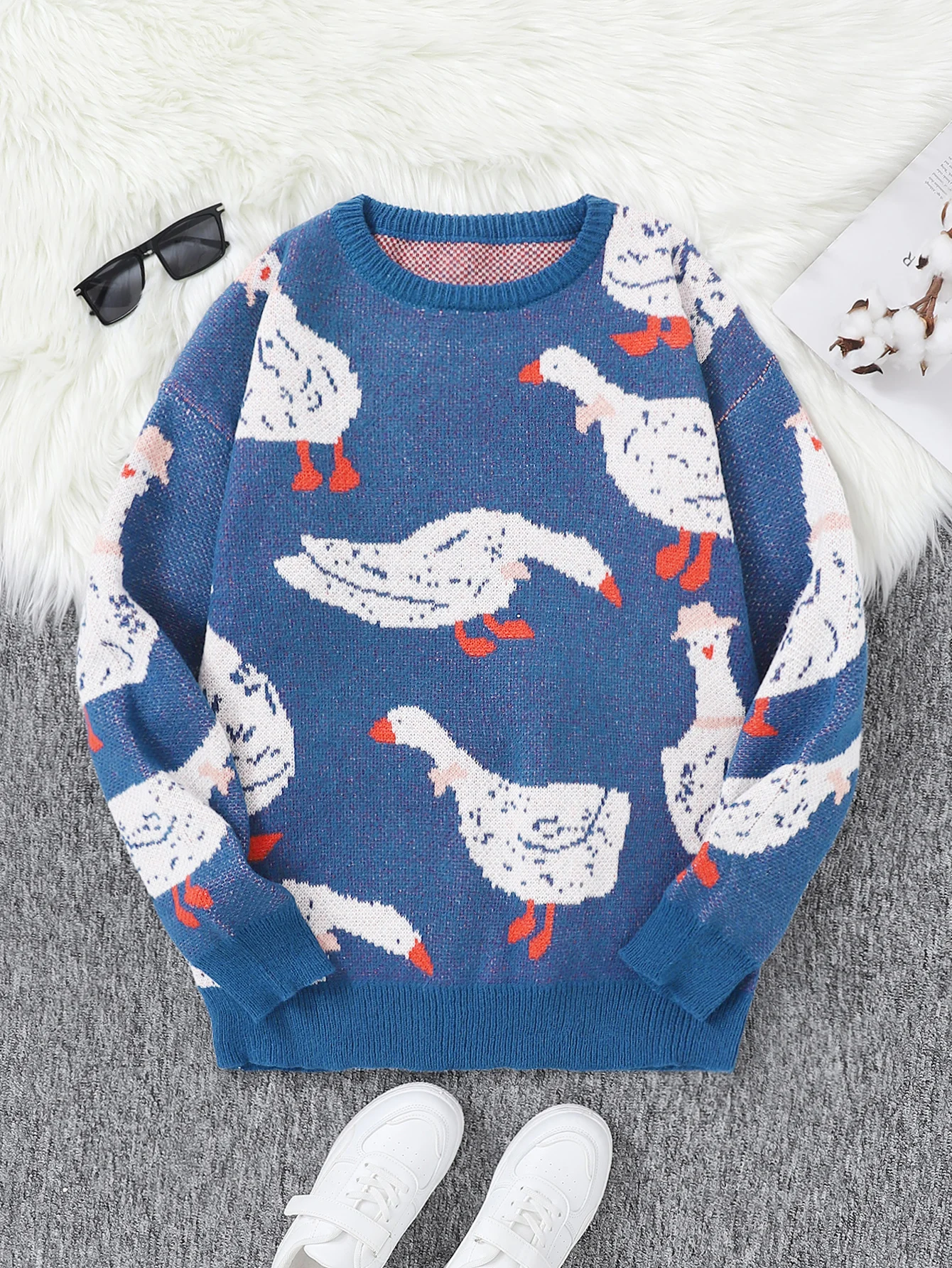 New Popular Autumn Winter Cute Duck Jacquard Pattern Pullover Sweater Casual Round Neck Contrast Color Knitted Men\'s Pullover