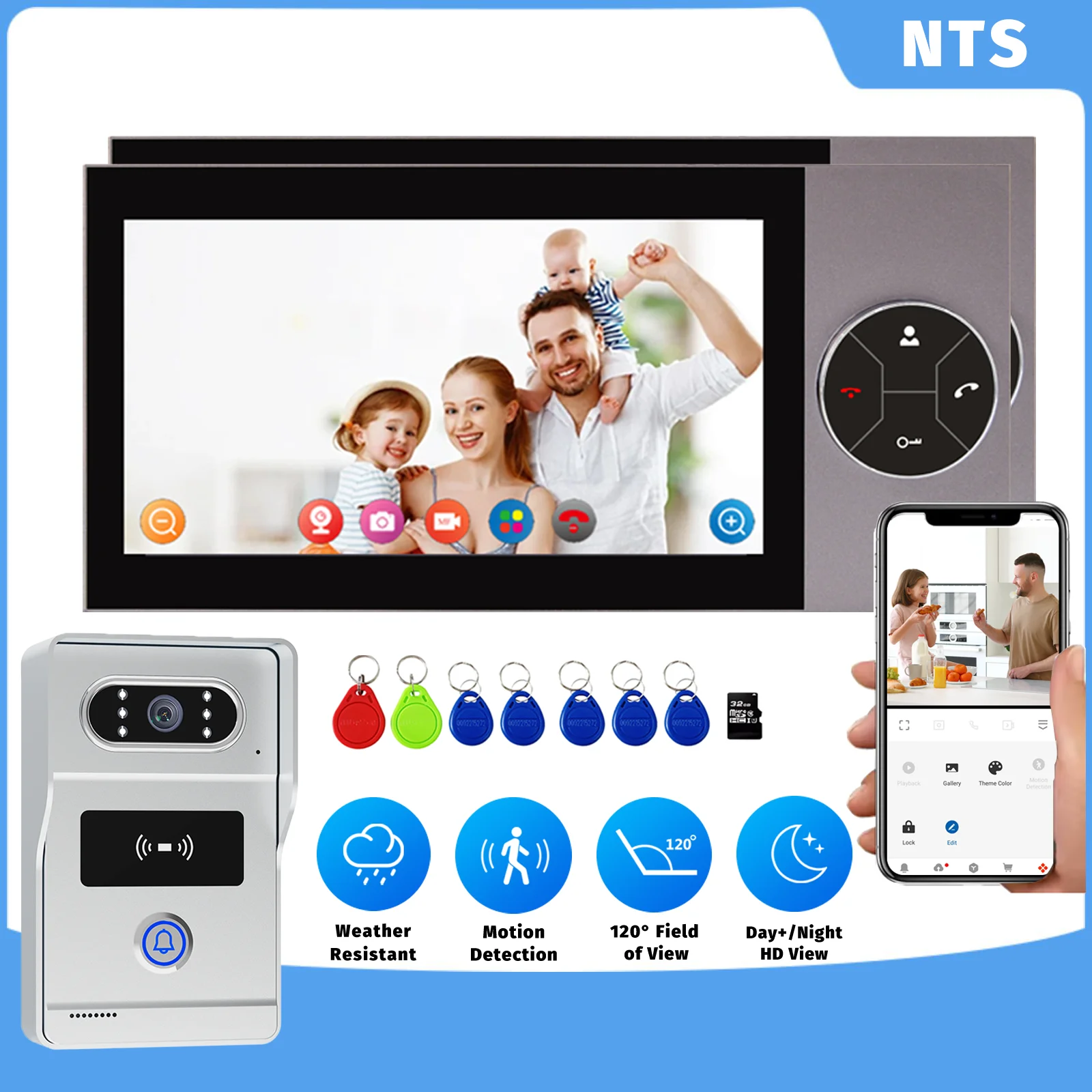 

Умная видеодомофонная система дверного звонка: 1 дверной звонок с камерой + 2 7-дюймовых монитора, HD 1080p, ночное видение и двусторонний разговор, водонепроницаемость