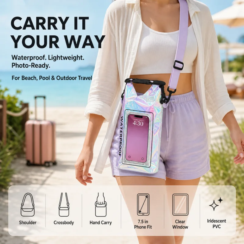 Iridescent Waterproof Bucket Crossbody Dry Bag Outdoor Swimming Colorful Waterproof Phone Storage Pouch For Beach Water Sports view 2