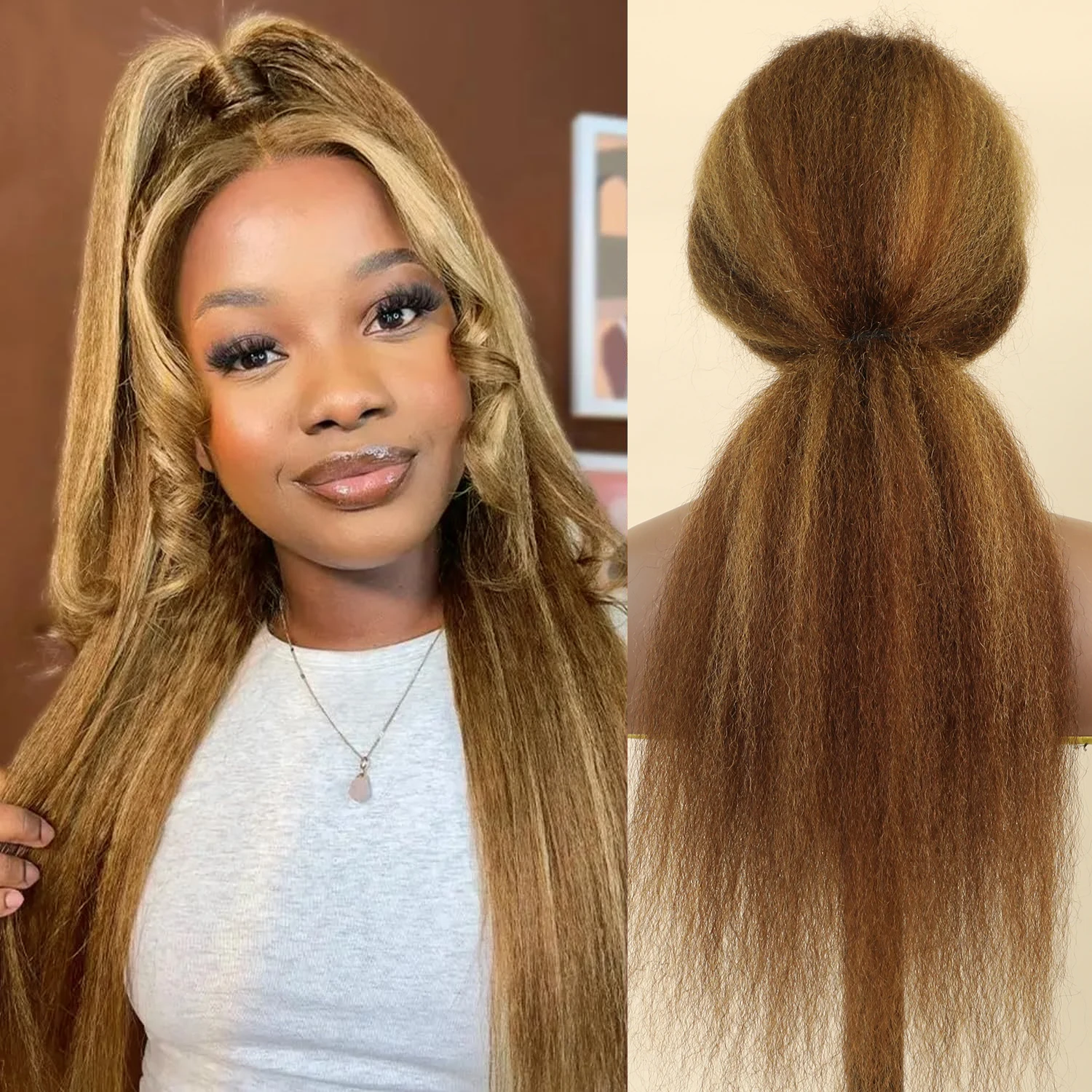 

Kinky Straight 13x4 Highlight Ombre Lace Front Wigs 4/27 Honey Blonde Human Hair Yaki Straight 13x6 Lace Frontal Wigs PrePlucked