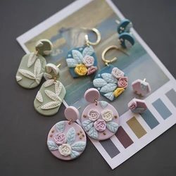 Romantic 3D Rose Leaf Clay Earrings Aesthetic Cottagecore Floral Drop Artsy Handmade Lavender Sage Green Jewelry for Trendy Acce