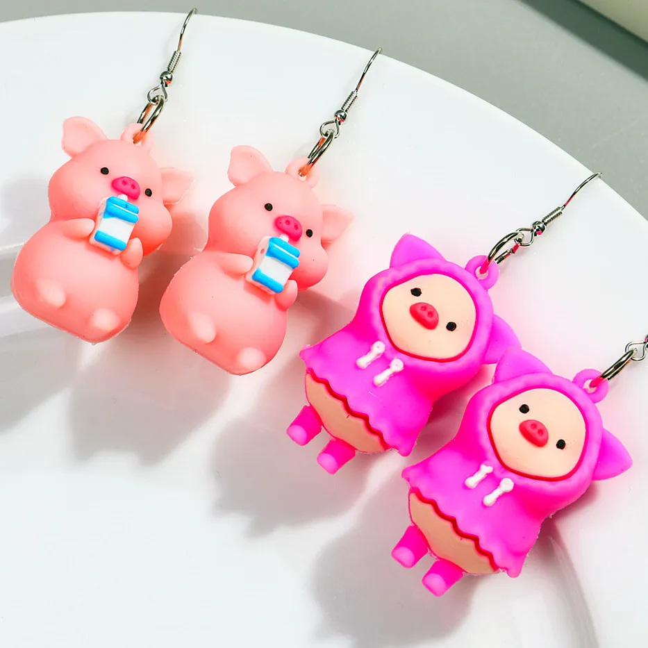 Funny Colorful Rubber Raincoat Pig Doll Earrings for Women Cute Creative Cartoon Piggy Bag Resin Earring Pendant New Jewelry