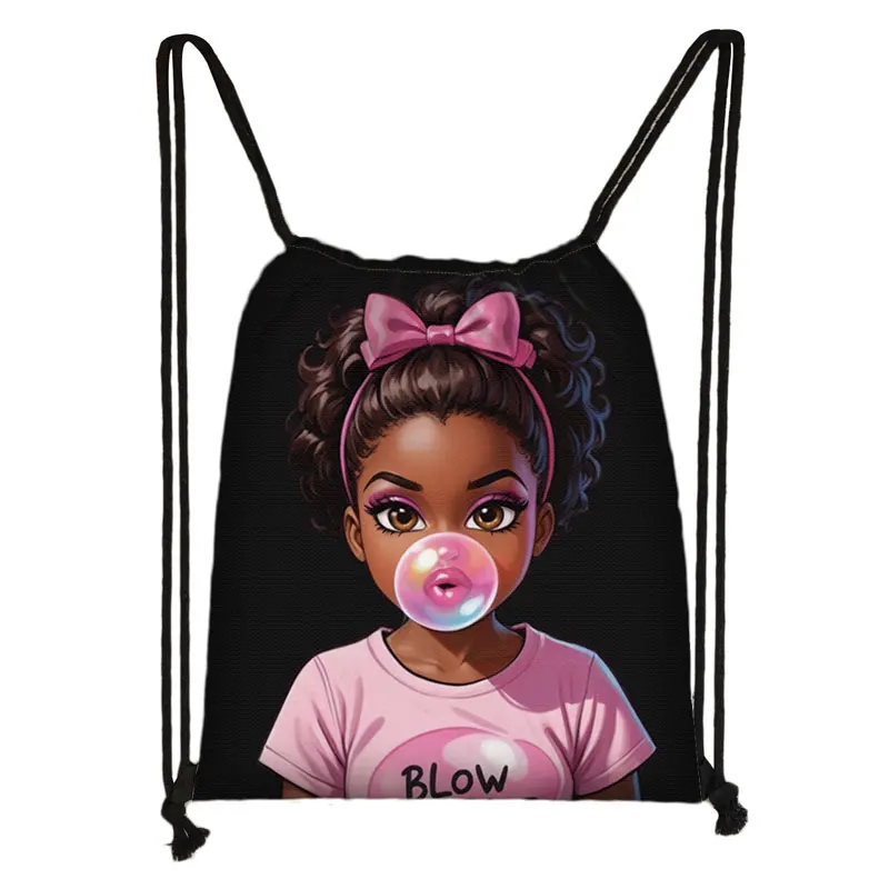 African Women Print Backpack Cartoon Afro Girls Drawstring Bag American Africa Women Outdoor Shoulder Bag Shoes Holder