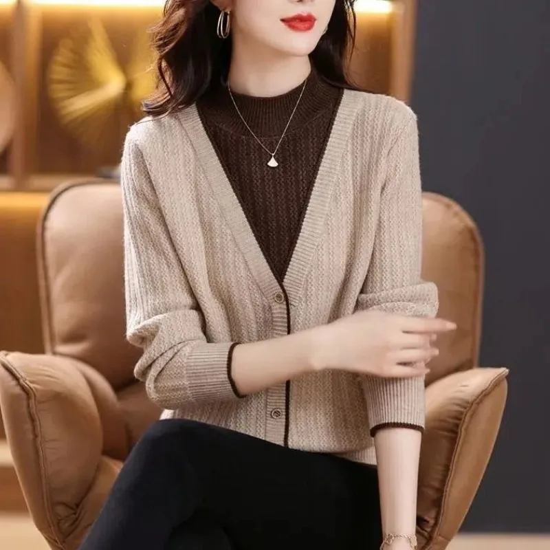 Korean Vintage Half High Collar Fake Two-piece V-neck Button Sweater Women Panelled Spring New Fashion Long Sleeved Knitted Top