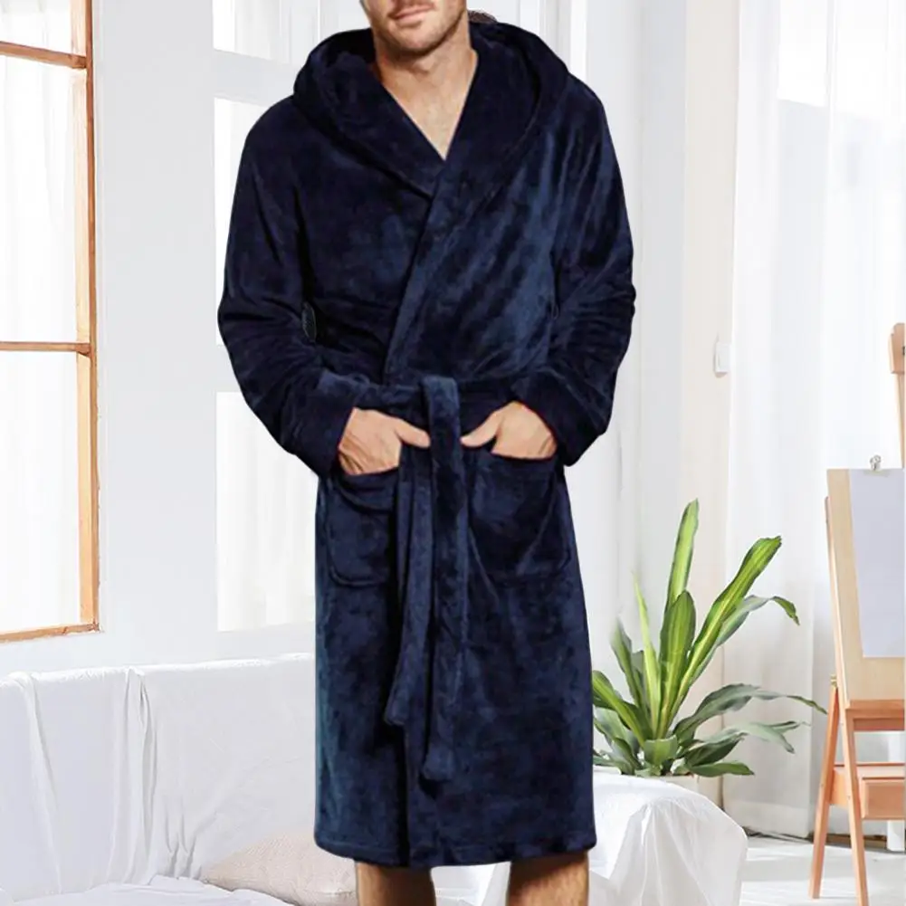 Cozy Men Bathrobe Knee-Length Plush Bathrobe Long Sleeve Men Winter Warm Lengthened Plush Shawl Bathrobe  Anti-freeze