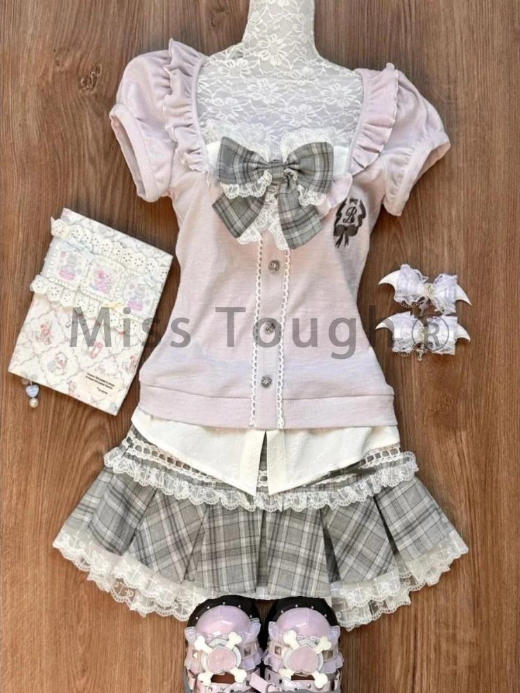 Autumn Japanese College Style Sweet 2 Piece Set Women Patchwork Tops + Lace Gray Pleated Skirt Gray New Korean Fashion Cute Suit