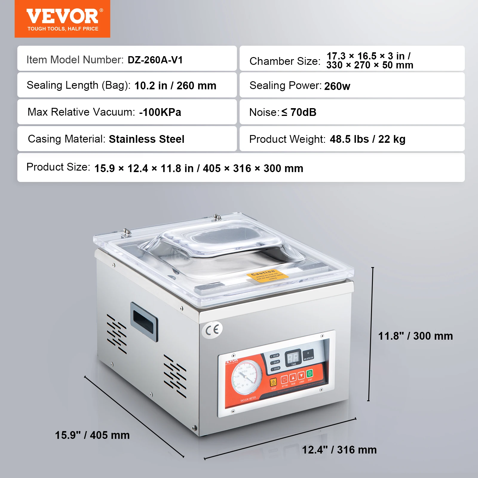 SucceBuy DZ-260A Kamervacuümsealer met 15,7 inch afdichtingslengte Keukenvacuümverpakkingsmachine voor thuisvoedsel Vlees Marinades