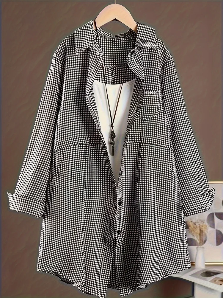 

Плюс размер, новые корейские модные блузки, однотонная осенняя рубашка миди на пуговицах, женская универсальная свободная блузка с длинным рукавом и воротником-поло