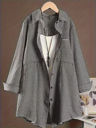 Plus Size New Korean Fashion Blouses Plaid Button Solid Midi Autumn Shirt Female All-match Loose Long Sleeve Polo-Neck Blouse
