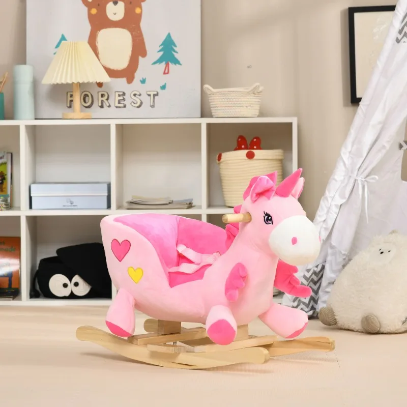 Pink Unicorn Plush Rocking Horse for Kids Soft Stuffed Ride On Toy with Wooden Base Children Toddler Animal Rocker Chair
