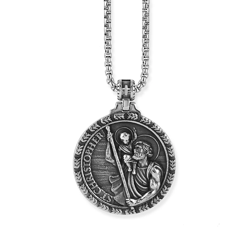 2023 New Stainless Steel St Christopher Pendant Necklace St Michael Medal Sacred Amulet Catholic Protection Religious For Man