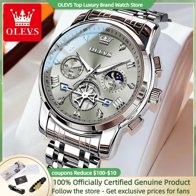 OLEVS Top Brand Men\'s Watches Fashion Trend Original Quartz Wristwatch Multifunctional Chronograph Waterproof Jubilee Strap Moon