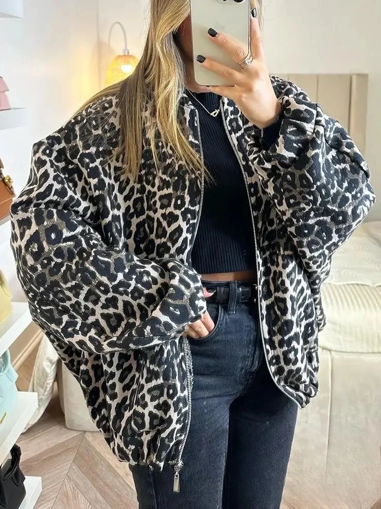 

KONDALA Vintage Casual Chic Women Jackets Leopard Stand Collar Zipper Pockets Loose Coats Fashion 2024 Autumn Winter Outwears