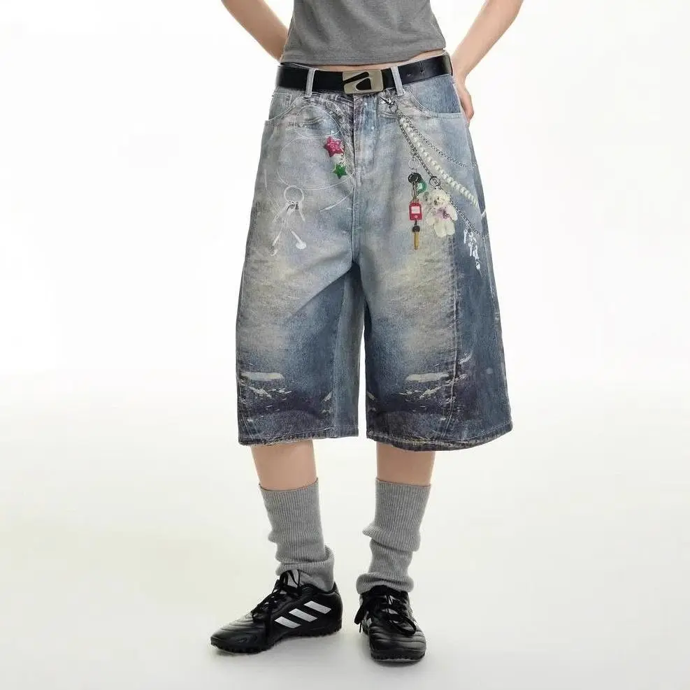 

Print Pendant Denim Shorts Men's Summer Loose High Street Design Cropped Pants