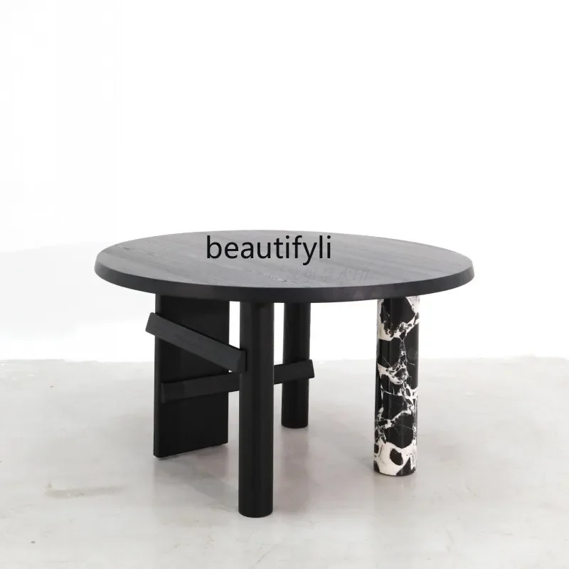 

Italian minimalist round solid wood dining table small apartment, high-end wabi-sabi retro marble dining table