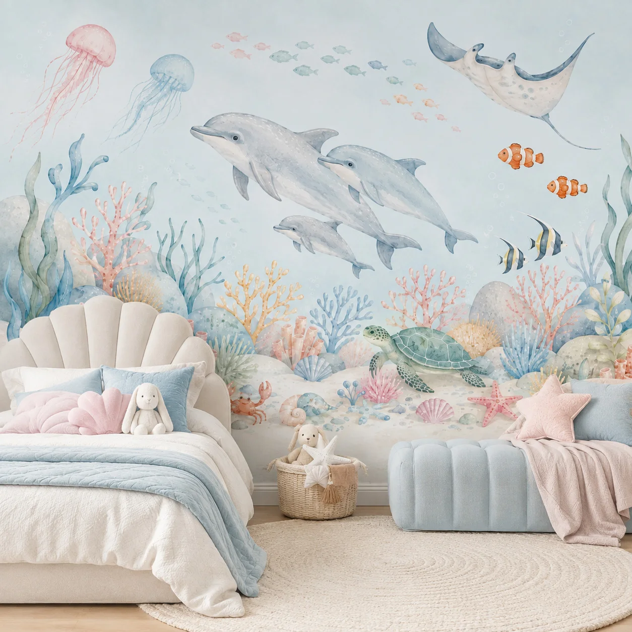 Underwater Sea Animals Self Ad - đánh giá và giá Baby Nursery Peel And Stick Wallpaper