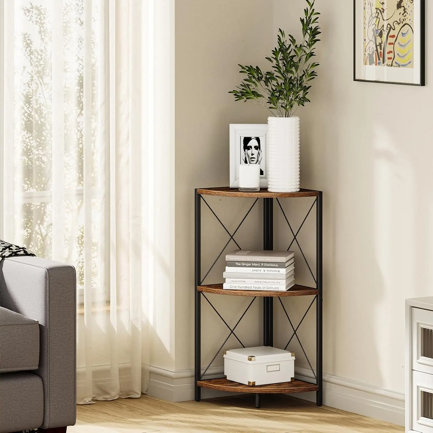 Corner Shelf with Metal Frame, 3 Tier Rustic Corner Storage Organizer, Freestanding Corner Bookshelf