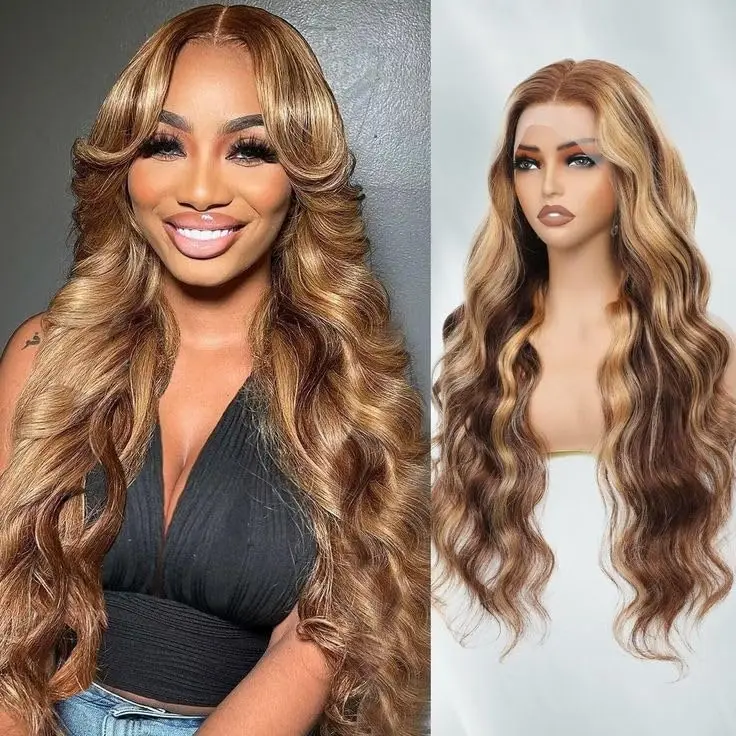 T-Farben Highlight Body Wave Echthaarperücke 4x4 Lace Frontal Perücken P4/27 gefärbte, vorgezupfte Lace Front Perücke für Frauen