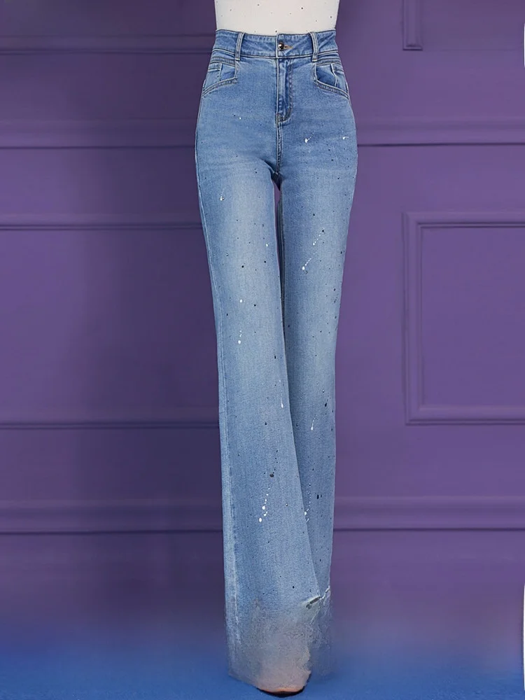 

Blue High Waist Draped Denim Jeans Women's Summer Casual Long Legging Effect Slimming Micro Flared Pants Casual Trousers