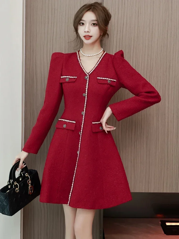 

Women Elegant V-neck Puff Long Sleeve Vintage Woolen Evening Party Dresses Christmas Vestidos New High Quality Red Tweed Dress
