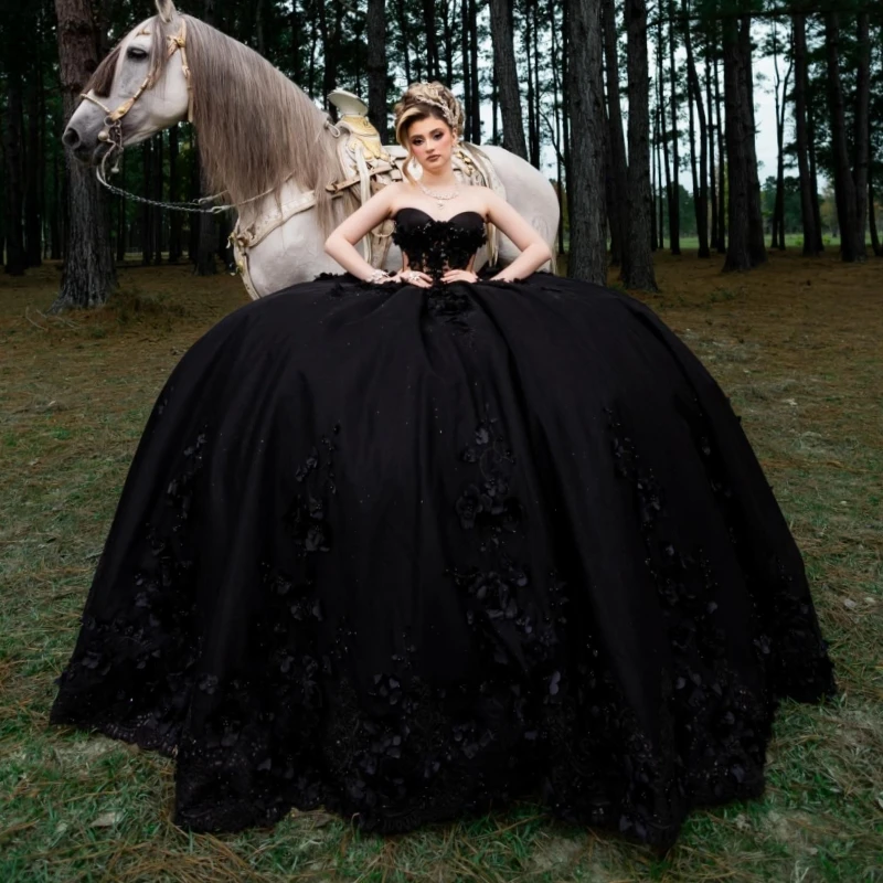 

Black Shiny Quinceanera Dresses Off Shoulder Ball Gown Sweet 16 Dress Applique Lace Beading Crystal Bow Tull Birthday Party