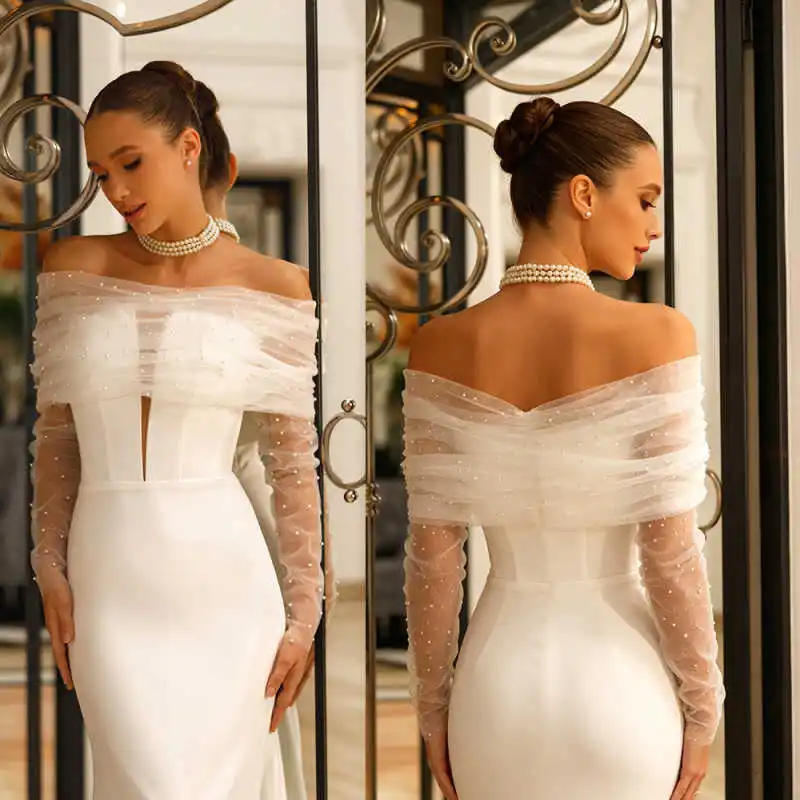 Romantic Bridal Jackets Off Shoulder Draped Tulle Beaded Sheer Long Sleeves Fitted Slim Silhouette Bridal Wedding Assessory