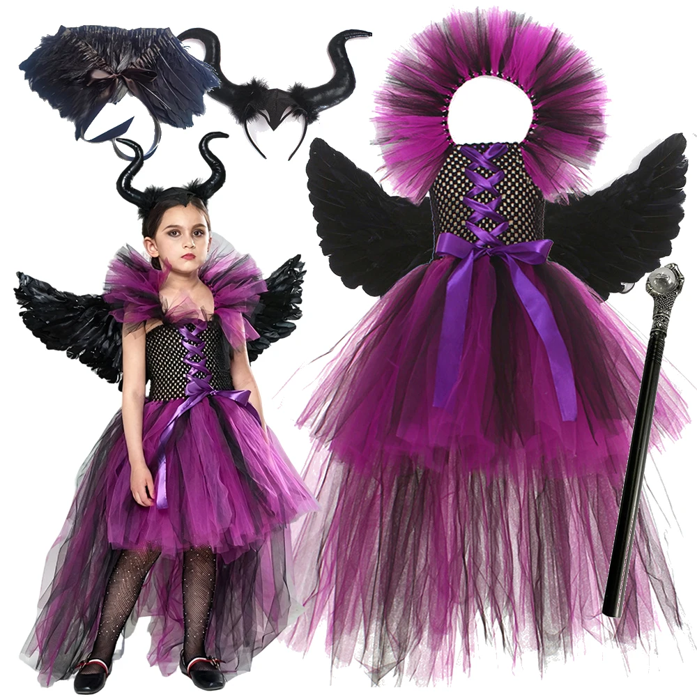 Girls Dark Angel Evil Queen Costume Set Purple Black Tulle Dress With Feather Wings Horn Headband For Halloween Carnival