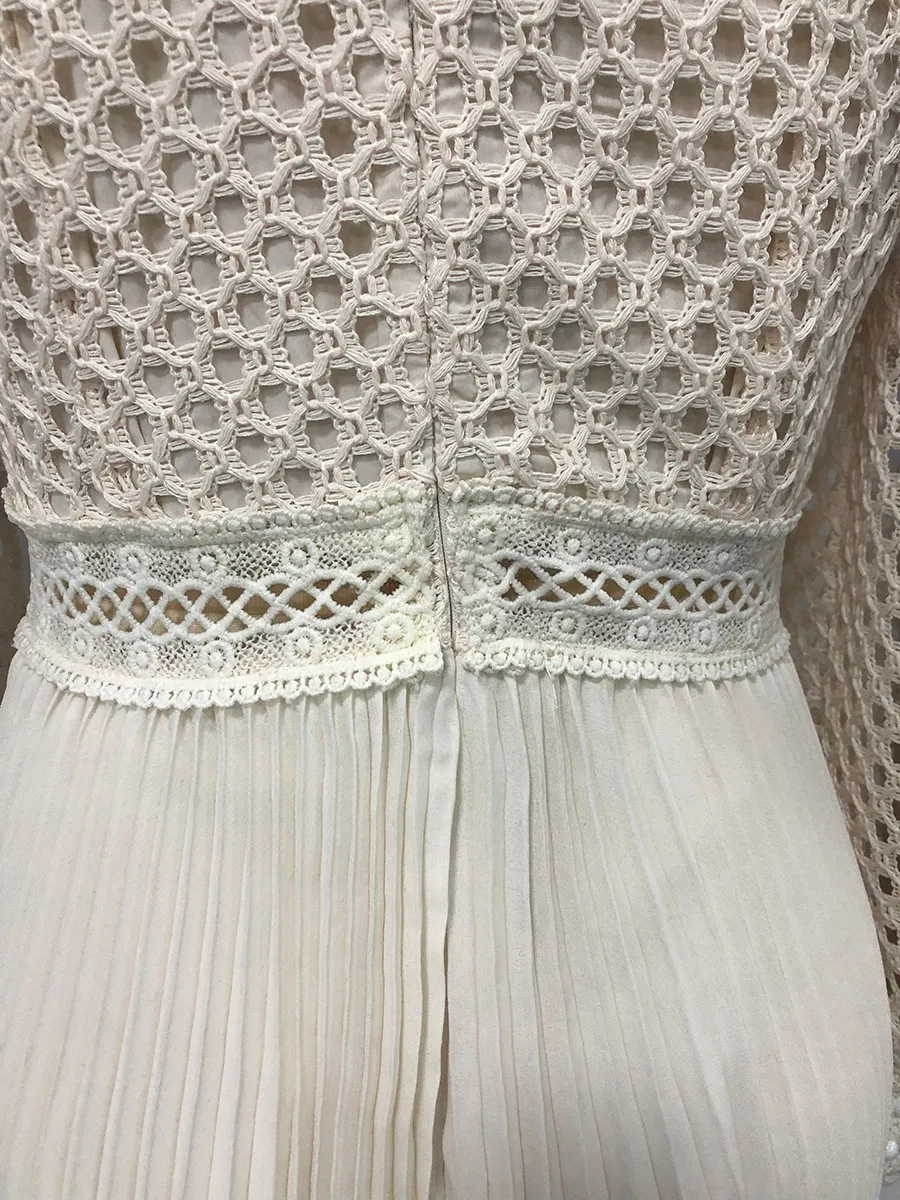 TWOTWINSTYLE Solid Hollow Out Spliced Embroidery Elegant Dresses for Women High Neck Long Sleeves Tunic Casual Dress Female New