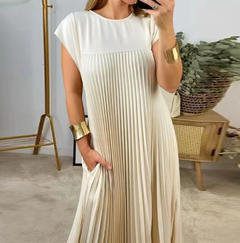 Women's Round Neck Sleeveless Pleated Design Loose Dress Temperament Commuting Female Fashion Wrinkles Casual Pullover Dresses