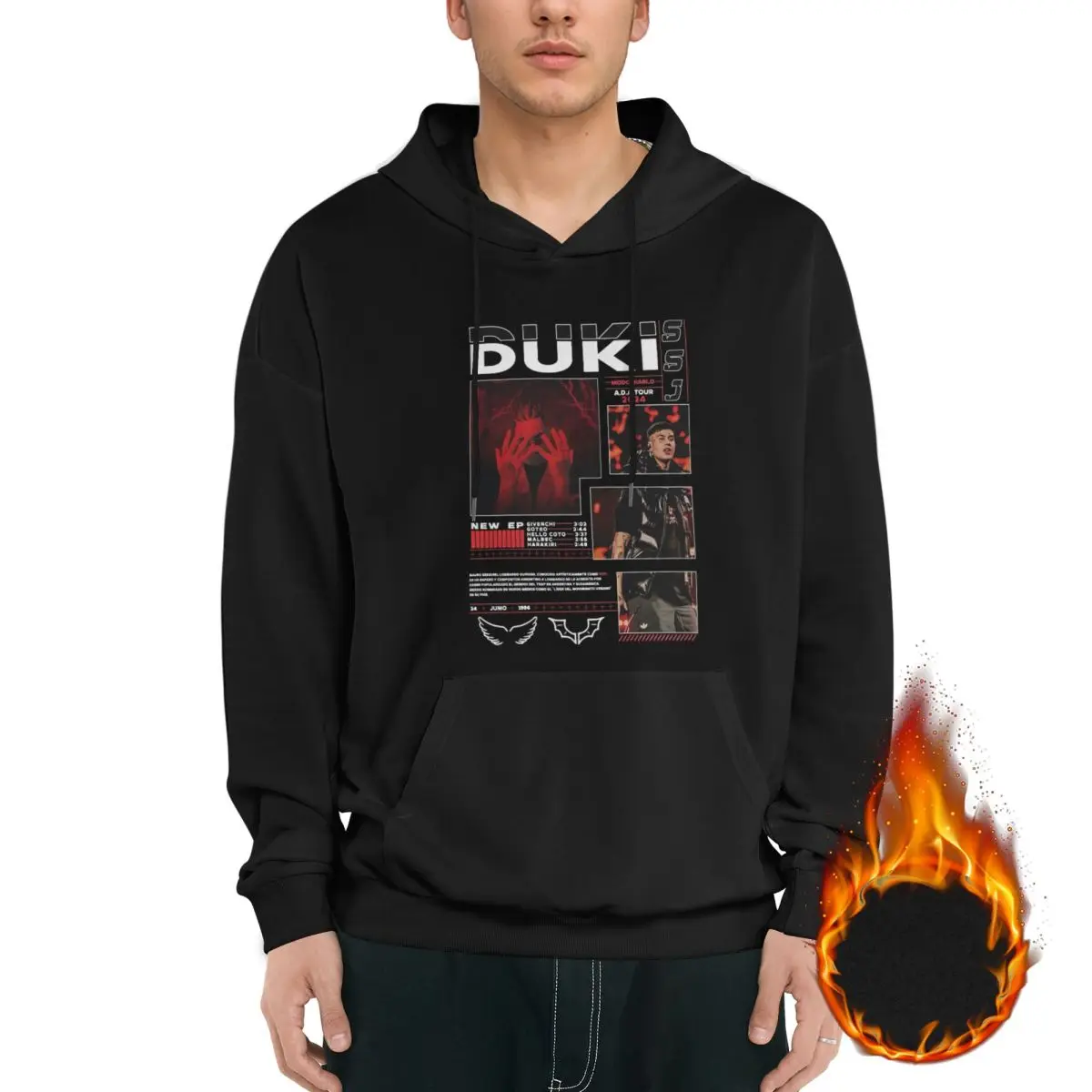 Men DUKI Rapper Hip Hop 2024 Tour Hoodie Fleece-Lined Thick Hoodies Pullover Sweatshirts Long Sleeve Shirts