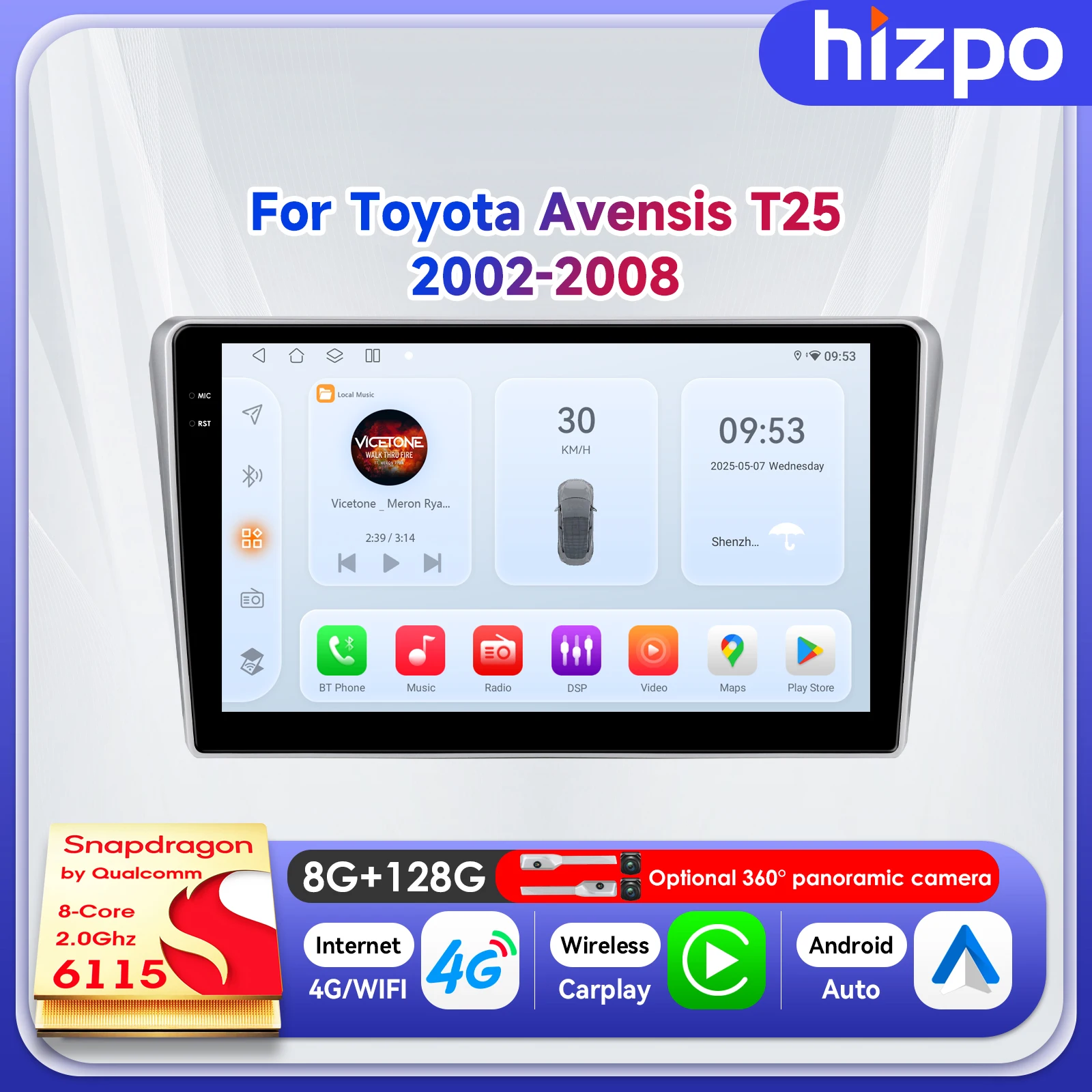 

Hizpo 9" Wireless CarPlay Radio For Toyota Avensis T25 2002 2003 2004 2005 2006 2007 2008 Multimedia WiFi by qualcomm snapdragon