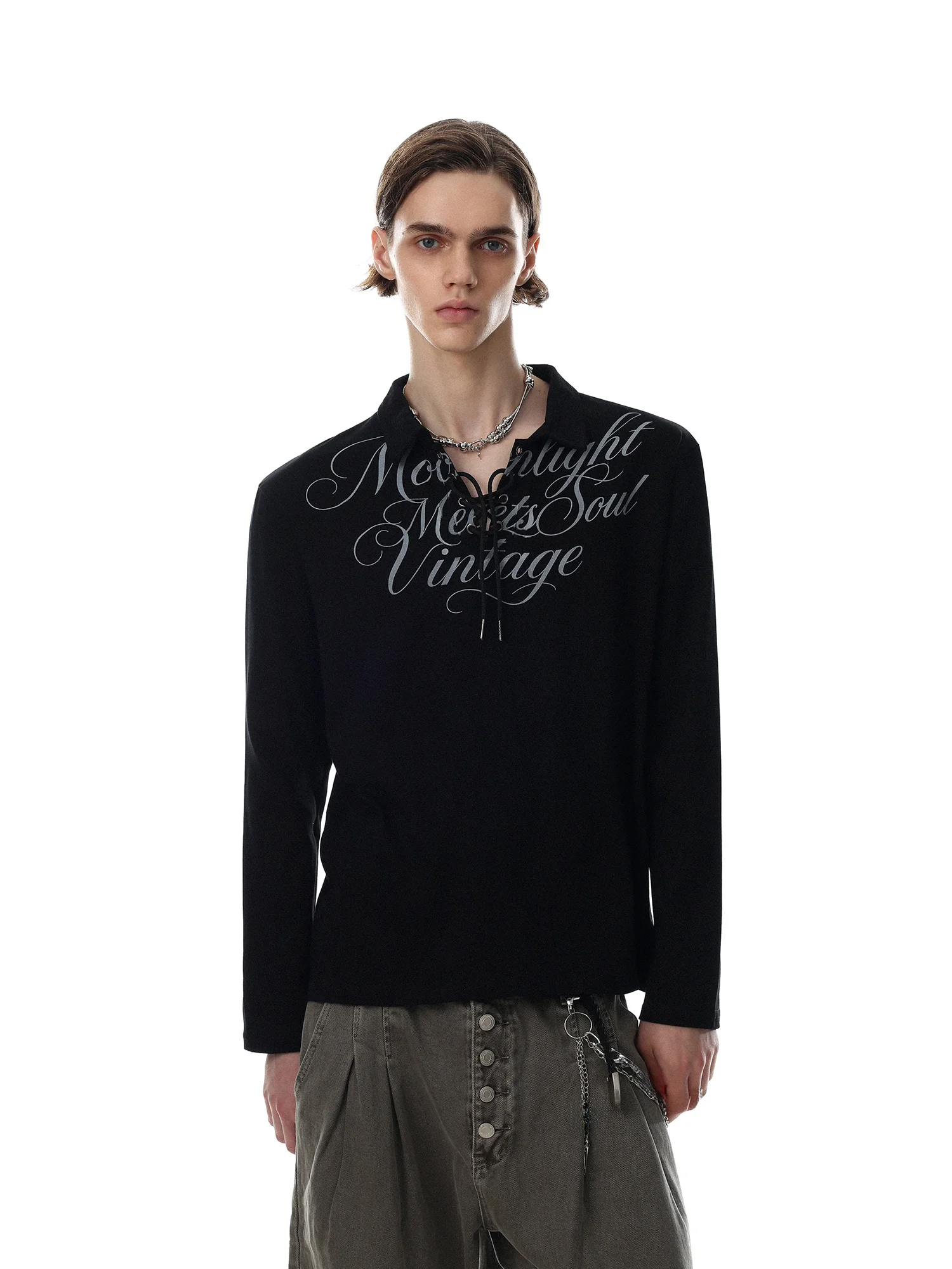 American Street Style Long Sleeve T-Shirt for Men Black Belt Design Printed Casual Loose Fit Cotton Top